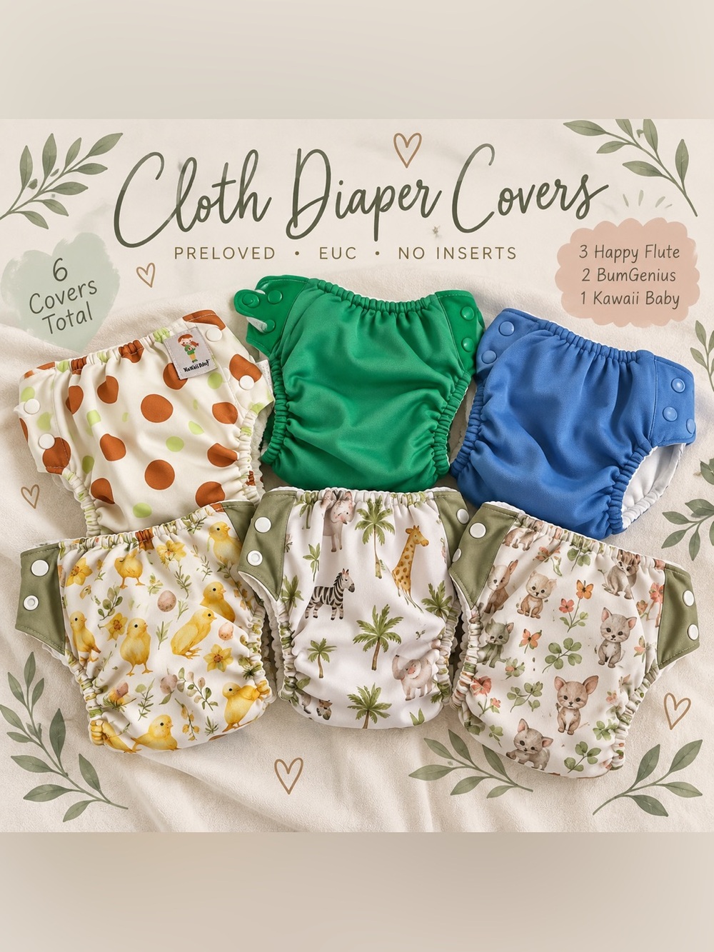 Cloth Diaper Lot of 6 Happy Flute BumGenius Kawaii Baby EUC No Inserts